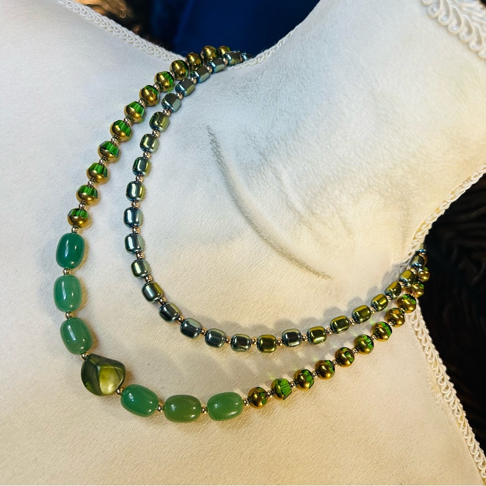 Handcrafted double strand oil slick di-cut glass aventurine barrel necklace